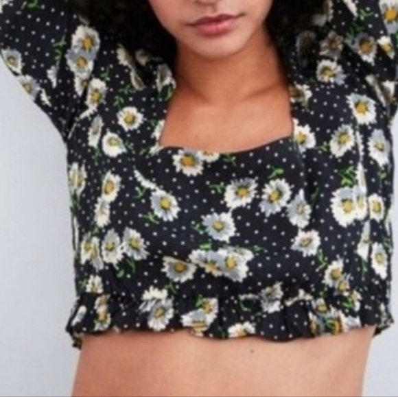 Zara Women's Black Floral Daisy Print Long Sleeve Square Neck Crop Top, SMALL - Picture 2 of 8